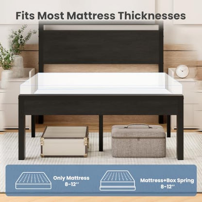 14 Inch Full Size Bed Frame with Wood Headboard, Black, view 7