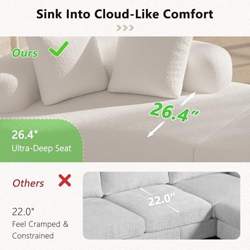 106.7" Modern Curved Oversized Sectional Sofa, Minimalist Modular Cloud Couch with 4 Throw Pillows, Luxury 4-Seater Extra Deep & Wide Seat Sofa in Soft Teddy Fabric, Cream White