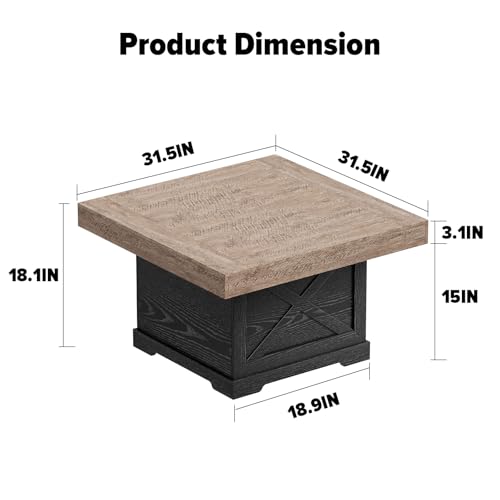 31.5 in Rustic Coffee Table for Living Room with X-Design, Square | Farmhouse Center Table, Wooden Pedestal, Small Space, Home Office Tea Accent Table for Apartment, Easy Assembly, Dark Oak