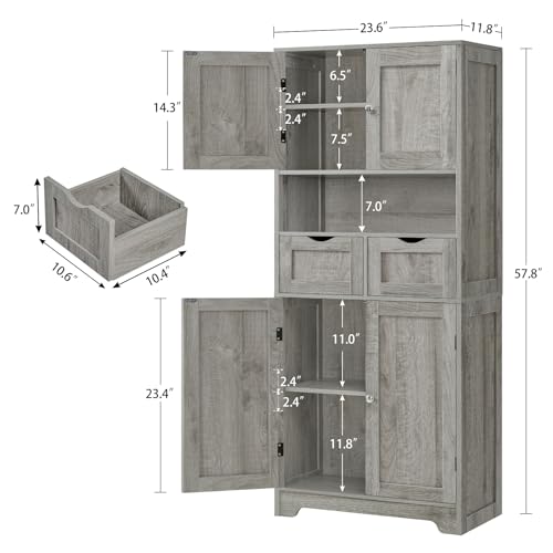 57.8" H Tall Storage Cabinet with 2 Drawers & 2 Adjustable Shelves, Bathroom Storage Cabinet with 4 Doors, Floor Cupboard, for Living Room, Dining Room, Entryway, Woodgrain Gray