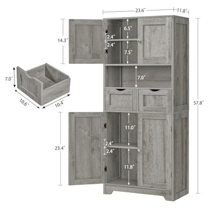 57.8" H Tall Storage Cabinet with 2 Drawers & 2 Adjustable Shelves, Bathroom Storage Cabinet with 4 Doors, Floor Cupboard, for Living Room, Dining Room, Entryway, Woodgrain Gray