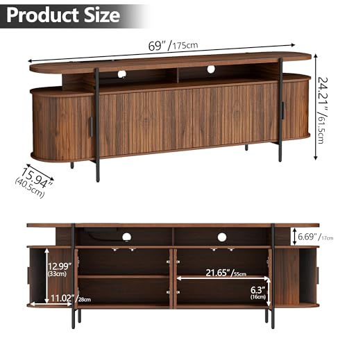 69" Mid Century Modern TV Stand,Curved Entertainment Center w/Sliding Doors, view 3