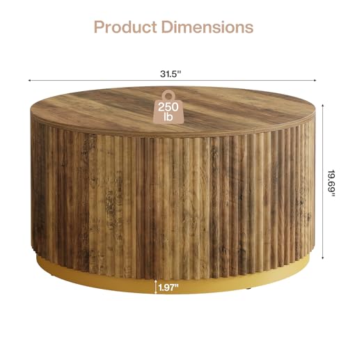 Tribesigns 31.5" Round Coffee Table, Fluted Wooden Center Table with Sturdy Drum Base, Mid Century Modern Furniture for Living Room, Small Space or Office, Rustic Brown