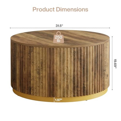 Tribesigns 31.5" Round Coffee Table, Fluted Wooden Center Table with Sturdy Drum Base, Mid Century Modern Furniture for Living Room, Small Space or Office, Rustic Brown