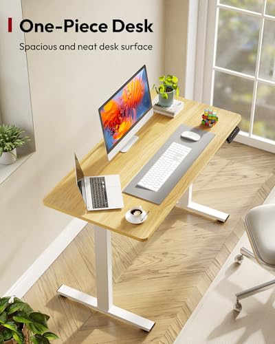 Electric Standing Desk 48 x 24 Inches Whole-Piece Desktop Height Adjustable Stand Up Desk w/6-Button Controller Ergonomic Computer Desk for Home Office, White Frame + Natural Tabletop