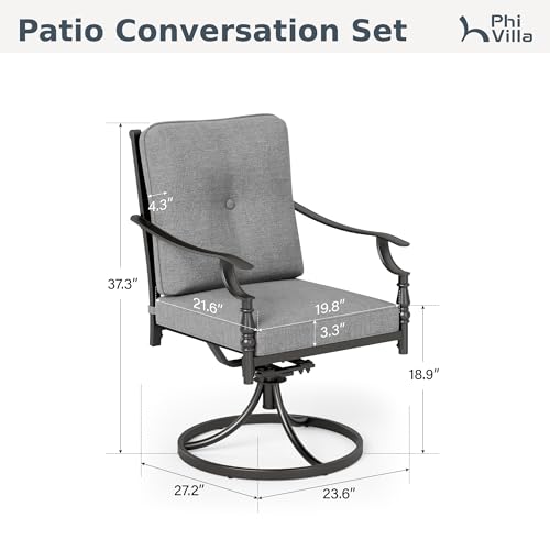 Outdoor Steel Swivel Dining Chairs Set of 2, Heavy-Duty Rustproof Black Wrought Iron Armchairs with Thick Cushions, Large Seating Furniture for Patio, Deck, Backyard, Porch