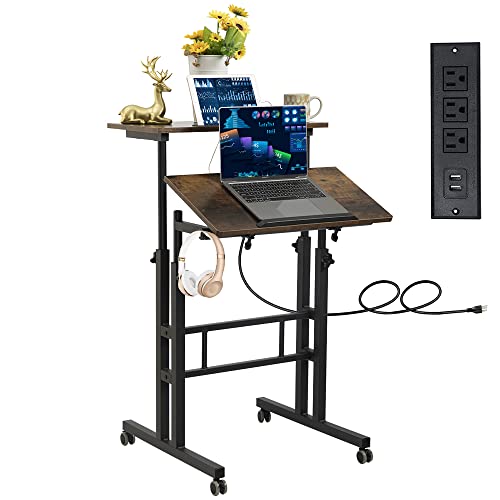 Mobile Standing Desk with Wheels, Rolling Desk Adjustable Height, Portable Laptop Table with Charging Station, Sit Stand up for Home Office, Study, Classroom, Rustic Brown