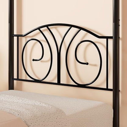 Twin Canopy Bed Frame, Vintage Scrollwork Headboard, Matte Black, view 5