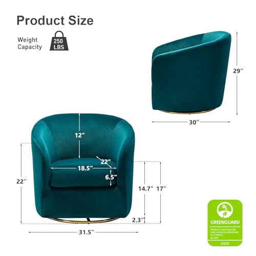Swivel Accent Chair with Gold Metal Base, Set of 2 Contemporary Velvet Curved Swivel Barrel Chair, Upholstered Club Armchair, Leisure Single Sofa for Living Room, Nursery, Bedroom(Teal)