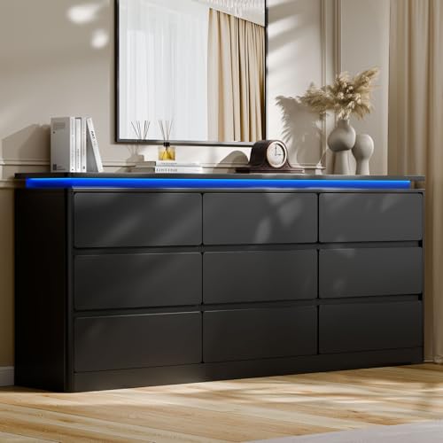 9 Drawer Dresser for Bedroom, 63" Long Black Chest of Drawers w/LED Lights, view 2