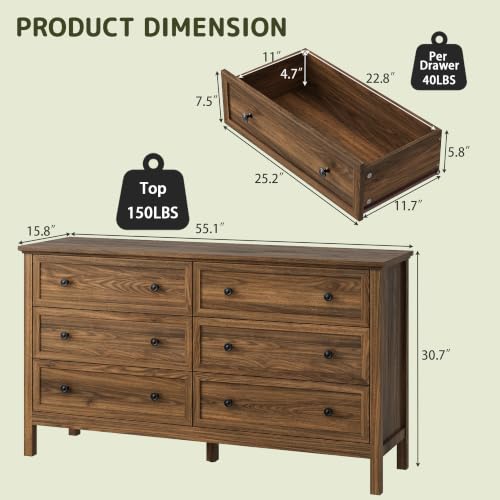 Walnut 6 Drawer Dresser for Bedroom, 55" Wood Chests of Drawers for Hallway, view 3