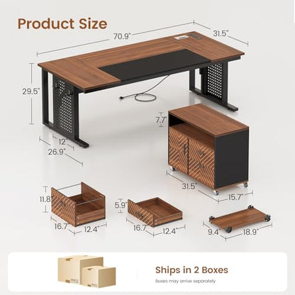 71" Executive Desk with Rolling File Cabinet, Large Office Desk with Drawers, view 3