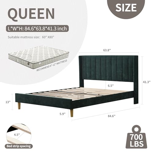 Queen Bed Frame，Platform Bed with Upholstered Headboard，Ink Green, view 3