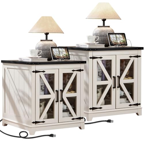 Farmhouse End Table Set of 2,24" Large Sofa Side Table with Charging Station Glass Barn Door,Wood Nightstand with Adjustable Storage Shelf,Square Bedside Table for Living Room,Bedroom,Office-White