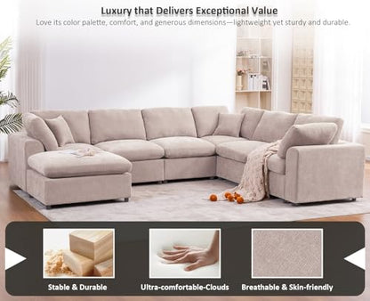 Oversized Modular Sectional Sofa Couch, Large 7 Seater Corner Sofa Modern U Shaped Sectional Couch with Ottoman Cloud Couches for Living Room, Office, Spacious Space, Beige - Chenille