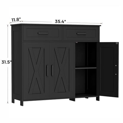 Sideboard Buffet Cabinet, Coffee Bar Storage Cabinet with Drawers and Doors, Farmhouse Kitchen Cabinet with Adjustable Shelves, for Kitchen, Dining Room, Living Room, Black