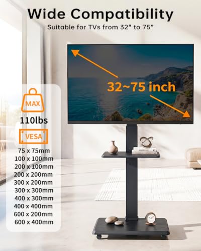 Rolling TV Stand, Mobile TV Cart for 32-75 Inch TVs up to 110 lbs, 18 Adjustable Heights, TV Floor Stand with Swivel Mount & Shelf, Max VESA 600x400mm, TV Stand on Wheels for Bedroom, Office, Outdoor