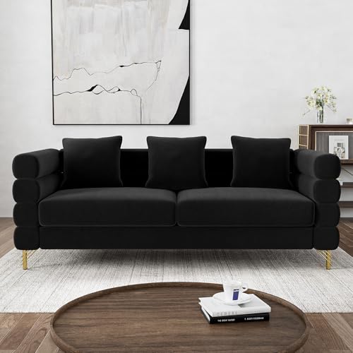 Cloud Couch for Living Room, 79" Modern Overstuffed Deep Seat Velvet 3 Seater Sofa with 3 Pillows, Comfy Upholstered Oversized Loveseat for Bedroom Office, Jet Black Velvet