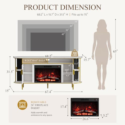 68" TV Stand with Fireplace for TVs up to 75 Inches, view 4