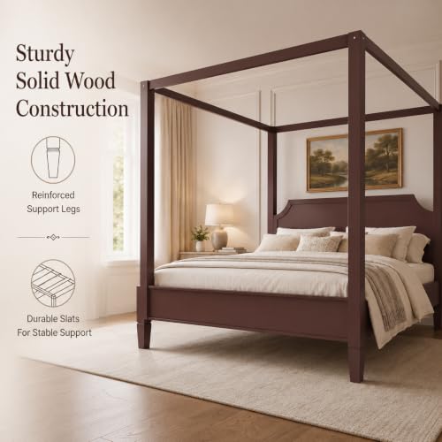 King Size Wooden Canopy Bed Frame Walnut Vintage Rustic, view 6