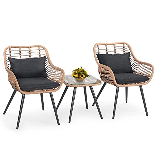 3 Piece Patio Bistro Set, Outdoor Wicker Conversation Chair Sets Balcony Furniture,Coffee Table with Glass Top, Cushions & Lumbar Pillows for Porch, Backyard, Deck, Poolside