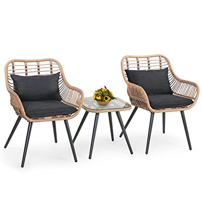 3 Piece Patio Bistro Set, Outdoor Wicker Conversation Chair Sets Balcony Furniture,Coffee Table with Glass Top, Cushions & Lumbar Pillows for Porch, Backyard, Deck, Poolside