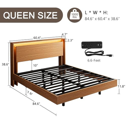 Bed Frame Queen Size with LED Lights & Charging Station – Kids Wood Floating, view 3