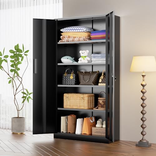 Crownland 72" Metal Office Storage Locking Cabinet, Lockable Garage Storage Cabinets, High Office Cabinet with Adjustable Shelves for Garage(Black)