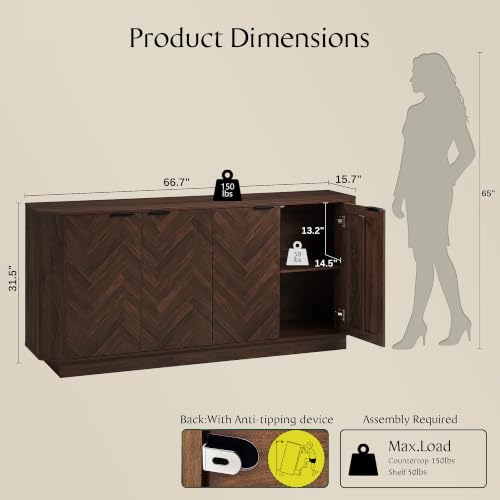 66.7" Buffet Cabinet with Storage, Herringbone Design, Walnut, view 3