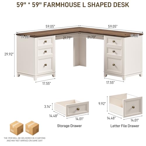 Farmhouse L Shaped Executive Desk with 6 Drawers, 59’’ Wood Home Office Desk with File Cabinet, Writing Corner Computer Desk for Home Office, Work, Study, White and Brown