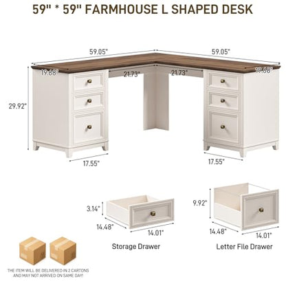 Farmhouse L Shaped Executive Desk with 6 Drawers, 59’’ Wood Home Office Desk with File Cabinet, Writing Corner Computer Desk for Home Office, Work, Study, White and Brown