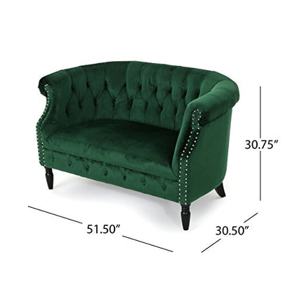 Melaina Tufted Chesterfield Velvet Loveseat with Scrolled Arms, Emerald and Dark Brown.
