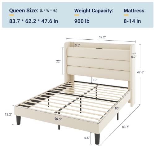 Queen Size Upholstered Bed Frame with Charging Station, Cream, view 3
