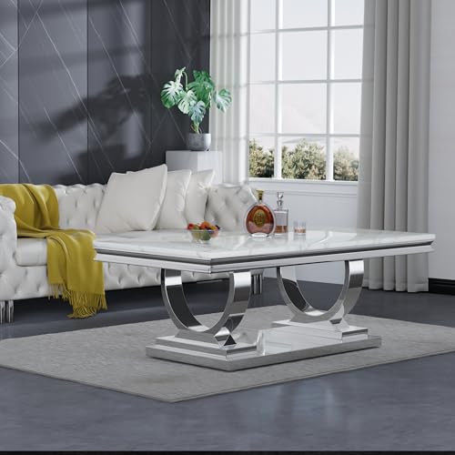 46.8" Coffee Table with Marble Top, Modern Rectangular Faux Marble Coffee Table with Silver Stainless Steel Base, Luxury White Cocktail Center Tea Table for Living Room