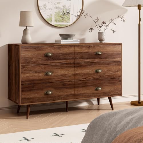 Walnut 6 Drawer Dresser for Bedroom, 47" Wood Dresser with Gold Handles., view 4