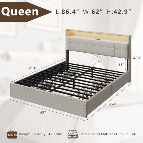 Queen Bed Frame with 4 Drawers & Storage Headboard, Beige, view 3