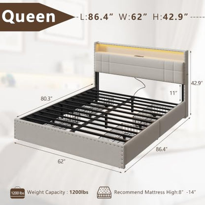 Queen Bed Frame with 4 Drawers & Storage Headboard, Beige, view 3