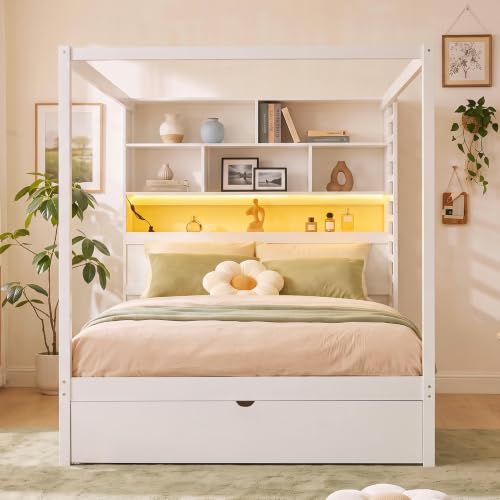 Full Size Wooden Canopy Bed Frame with Bookcase Headboard,USB Outlets, view 4