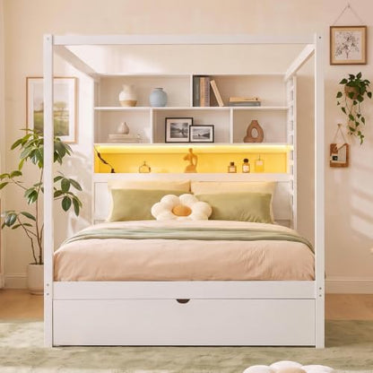Full Size Wooden Canopy Bed Frame with Bookcase Headboard,USB Outlets, view 4