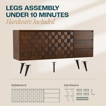 Sideboard Georgina Solid Wood 2 Doors & 3 Drawers, 61'' Mid Century Modern Cabinet with Geometric Pattern for Kitchen, Dining, Living Room