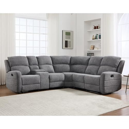 Fabric L-Shaped Reclining Sectional Sofa Couch for Living Room, Manual Recliner Oversized Sofa, with Padded Headrest, 2 Cup Holders, Storage Space, 5-Seater Home Furniture Set, Grey