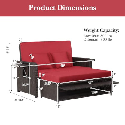 Moccha Outdoor Daybed, Wicker Loveseat Sofa Set with 4-Postion Adjustable Backrest, Storage Ottoman, Cushions, Rattan Double Bed Lounger, Patio Furniture Set (Red)