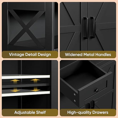 Farmhouse Storage Cabinet, Bathroom Floor Cabinet Kitchen Pantry with Doors and Drawers, Hutch Cupboard for Living Room, Bedroom, Laundry, Black