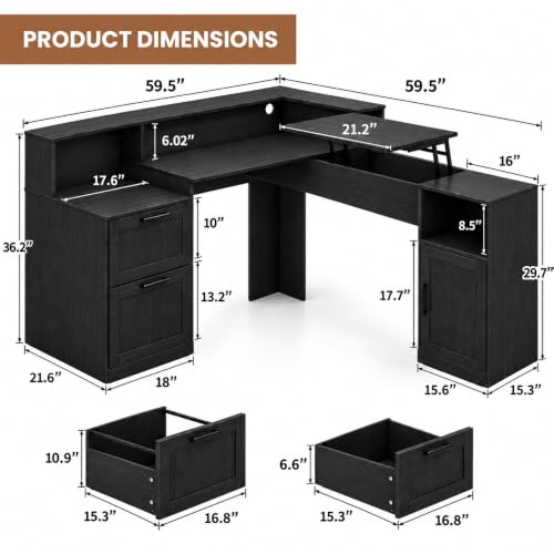 60" L-Shaped Computer Desk with Lift-Top, File Drawer & Storage Cabinet, view 3