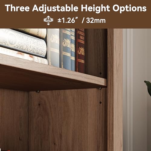 72 in Tall Bookshelf 5 Tier Bookcase with Adjustable Shelves, Oak Book Shelf with Storage Cabinet, Wood Freestanding Display Bookshelves for Home Office，Bedroom, Living Room