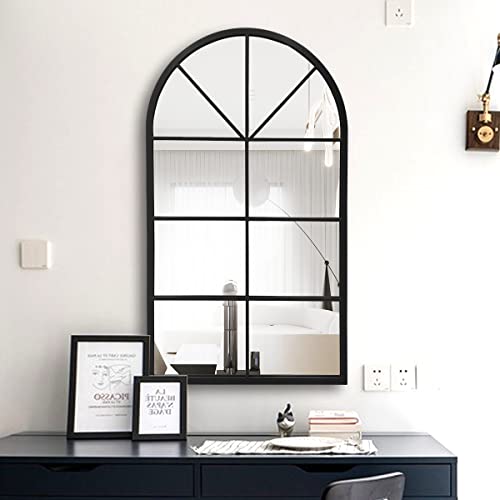 24"x42" Arched Wall Mirror, Arched Window Pane Decor Mirror, Black | Iron Frame, HD Shatter-Proof Glass, Farmhouse Style,Wall Mounted, Suitable for Bedroom, Living Room, Entryway, Cloakroom