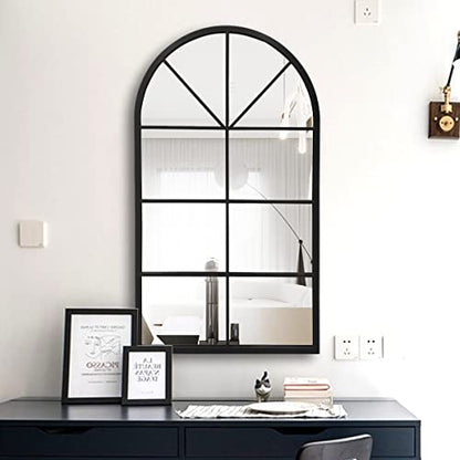 24"x42" Arched Wall Mirror, Arched Window Pane Decor Mirror, Black | Iron Frame, HD Shatter-Proof Glass, Farmhouse Style,Wall Mounted, Suitable for Bedroom, Living Room, Entryway, Cloakroom