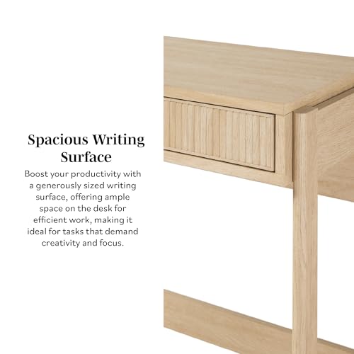 Transitional Office Design, Reeded Drawer Front Detail, Writing Desk with Drawer, Spacious Desktop, Complementary in Living Spaces, 38 Inch, Coastal Oak