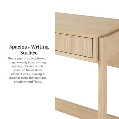 Transitional Office Design, Reeded Drawer Front Detail, Writing Desk with Drawer, Spacious Desktop, Complementary in Living Spaces, 38 Inch, Coastal Oak