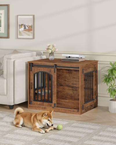 31.5 in Dog Crate Furniture Indoor Dog Kennel with 2 Feeding Bowls, view 4